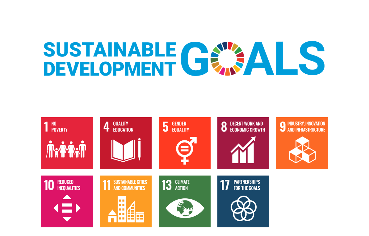 SDGs (Sustainable Development Goals),1 No poverty,4 Quality education,5 Gender equality,8 Decent work and economic growth,9 Industry, Innovation, and Infrastructur,10 Reduced Inequalities,11 Sustainable cities and communities,13 Climate action,17 Partnerships for the goles