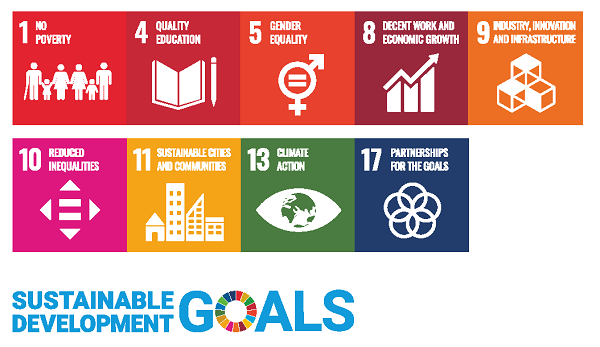 SDGs (Sustainable Development Goals),1 No poverty,4 Quality education,5 Gender equality,8 Decent work and economic growth,9 Industry, Innovation, and Infrastructur,10 Reduced Inequalities,11 Sustainable cities and communities,13 Climate action,17 Partnerships for the goles