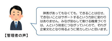 管理者の声。障害があってもなくても、できることは任せ、できないことはサポートするという方針に変わりはありません。みなが安心して働ける職場づくりは、人という財産につながっていくので、それが企業文化となり得るように努力したいと思います。