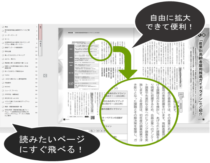 自由に拡大できて便利！ 読みたいページにすぐ飛べる！