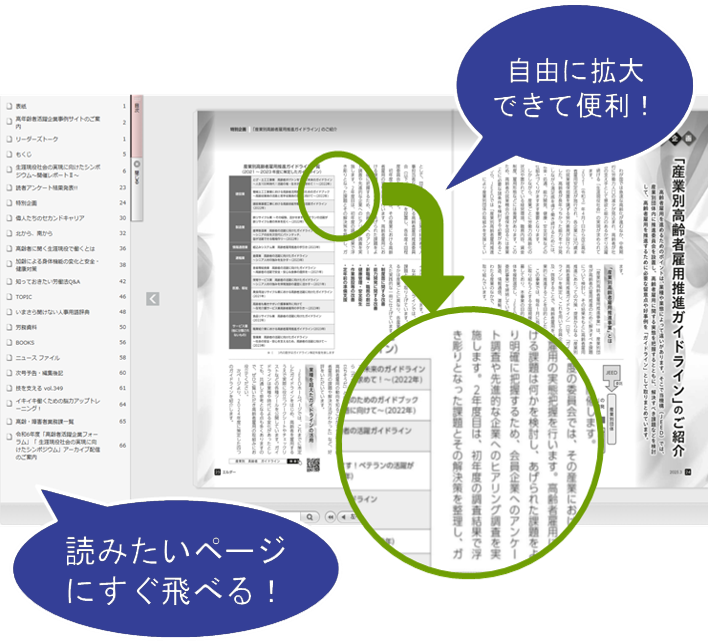 デジタルブックのイメージ。読みたいページに移動でき、自由に拡大できます。