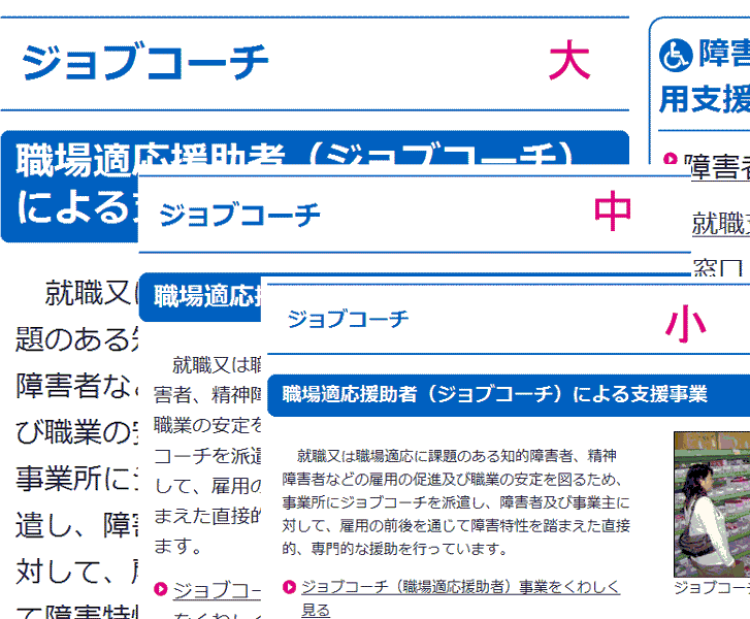 文字サイズ変更ツールを使用した画面上の例