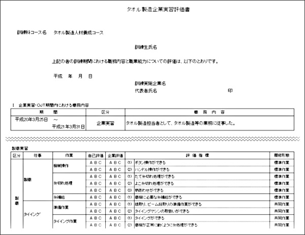 タオル製造企業実習評価書