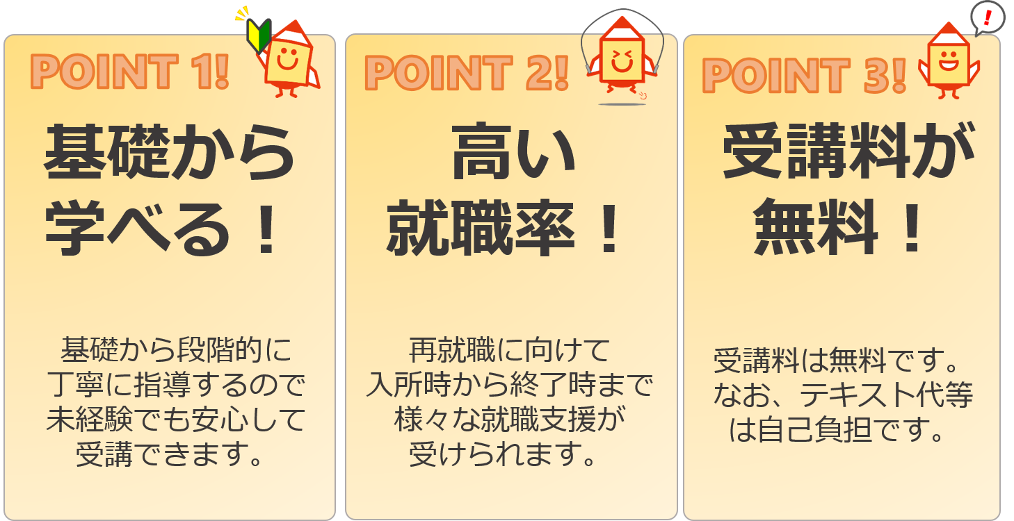 ポイント１基礎から学べる　ポイント２高い就職率　ポイント３受講料が無料