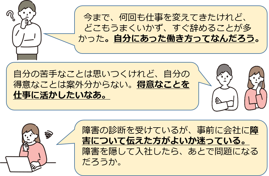 今まで、何回も仕事を変えてきたけれど、 どこもうまくいかず、すぐ辞めることが多かった。自分にあった働き方ってなんだろう。自分の苦手なことは思いつくけれど、自分の得意なことは案外分からない。得意なことを仕事に活かしたいなあ。障害の診断を受けているが、事前に会社に障害について伝えた方がよいか迷っている。 障害を隠して入社したら、あとで問題になるだろうか。