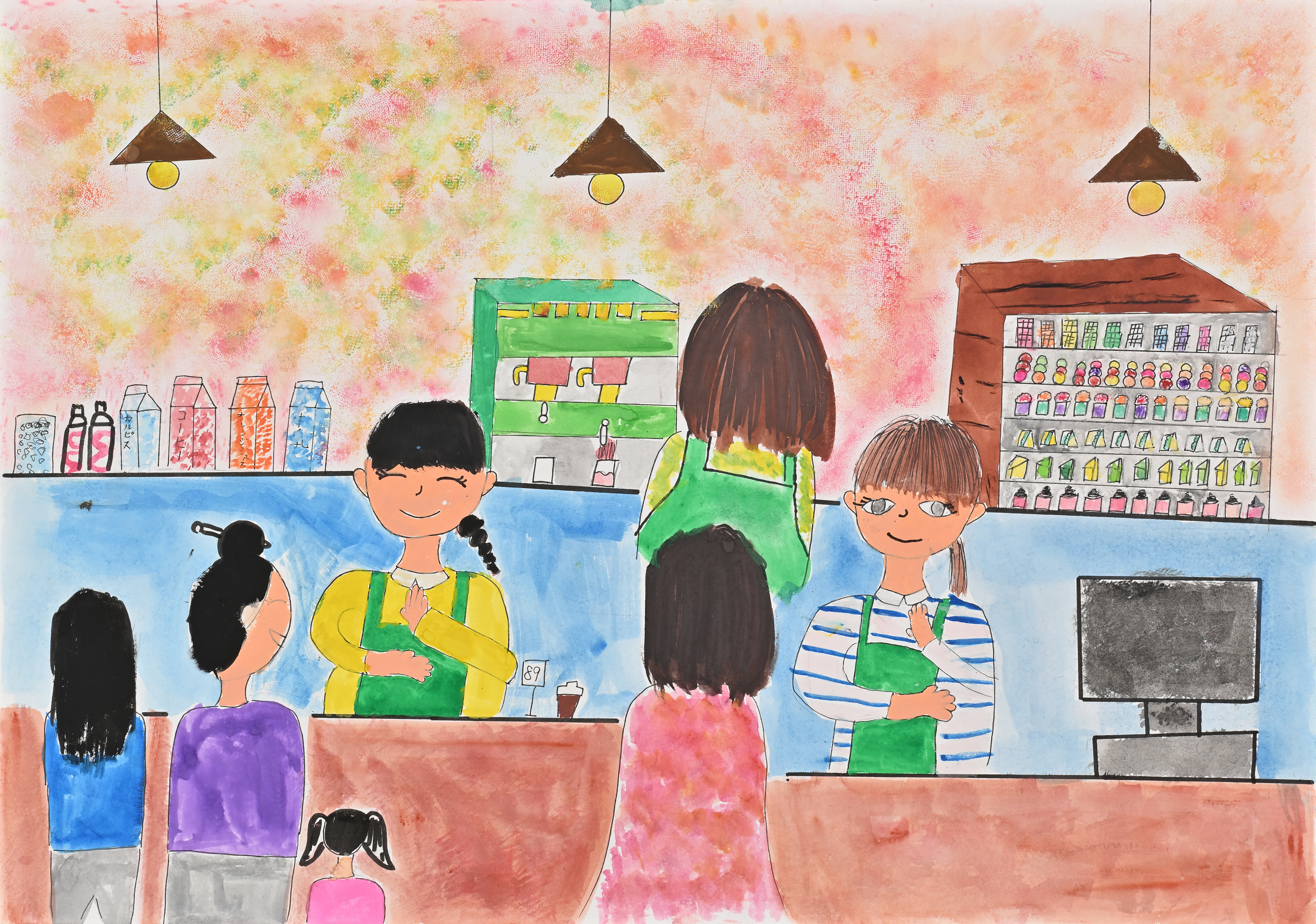 和８年度絵画コンテスト　働くすがた～今そして未来～ 小学生の部 （独）高齢・障害・求職者雇用支援機構理事長奨励賞 「手話が伝わるコーヒー屋さん」 鹿児島県　松下　ももさんの作品