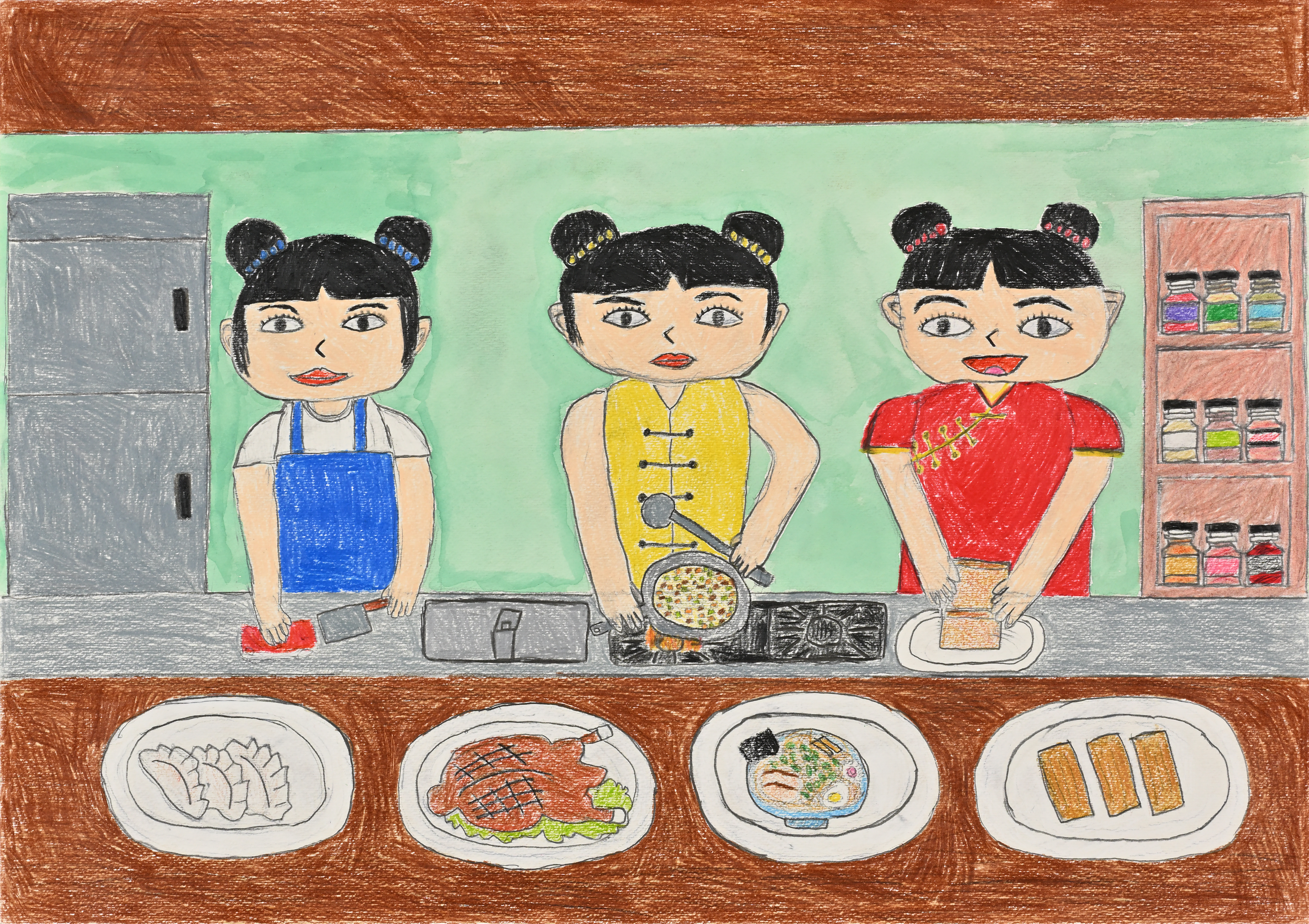 令和８年度絵画コンテスト 働くすがた～今そして未来～ 中学生の部 （独）高齢・障害・求職者雇用支援機構理事長奨励賞 「昔から伝わる中華料理屋さん」 鹿児島県　折戸　瀧太さんの作品