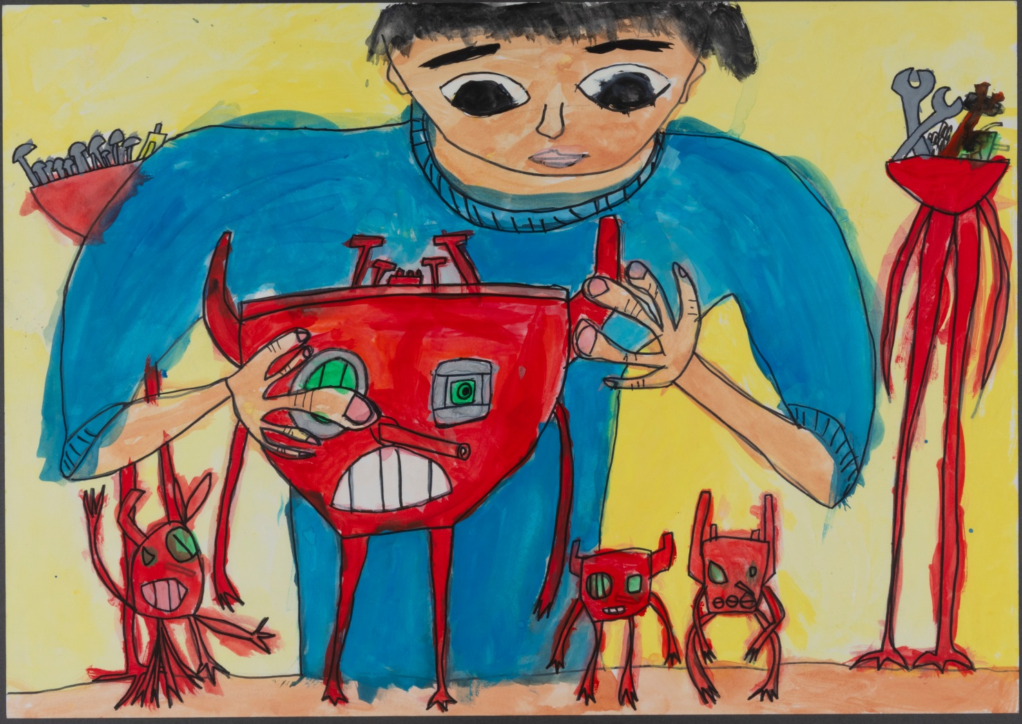 令和７年度絵画コンテスト　働くすがた～今そして未来～ 小学生の部 （独）高齢・障害・求職者雇用支援機構理事長奨励賞 「ロボットをつくりたい！」鹿児島県　菱田　唯斗さんの作品