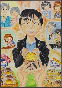 お菓子を手渡す人物と、笑顔でお菓子を食べる人物、お菓子が描かれている