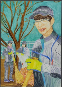 ほうきで落ち葉を集めるようすが描かれている