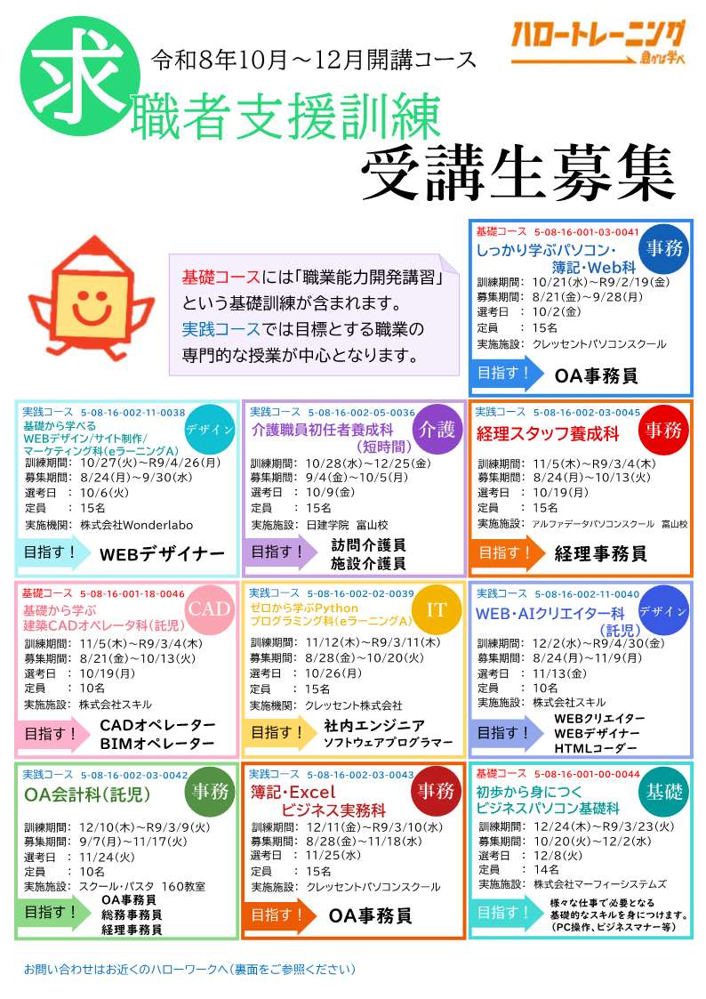 求職者支援訓練募集コース一覧（１０月～１２月開講）表面